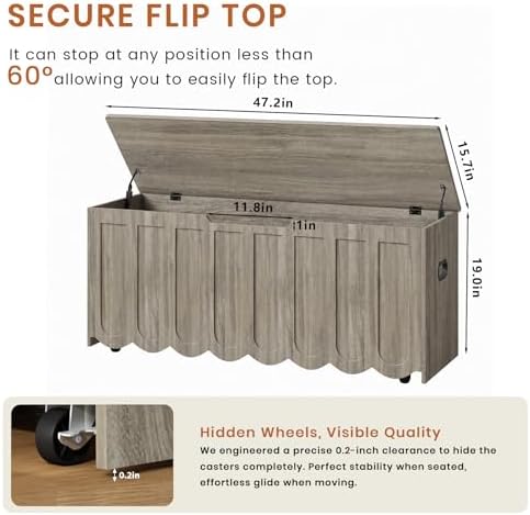 DHZ 47.2 Inch Wooden Storage Bench, Storage Chest with Cushion Seat, 4 Swivel Wheels and 2 Safety Hinges, Entryway Storage Bench for Living Room, Bedroom - Image 3