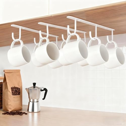 3pcs Mug Hooks,Under Cabinet Mug Holder, Coffee Cups Hook,Mug Hanger Organizer Rack with 9 Hooks for Displaying Mugs, Cups and Kitchen Utensils (White) by DEPAOTLUX