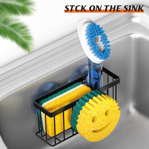 MURLONG Sponge Holder Smiley Face, Sink Organizer with 2 Suction Cups/1 Adhesive Strips, Designed for Sponge, Soap, Dish Brush, Scrubber - Black - Image 5
