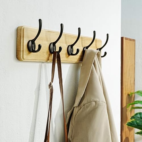 Dseap Coat Rack Wall: Patented, Heavy-Duty, 5-Double-Hooks Wooden Wall Mounted Coat Rack Coat Hanger Hook Rail for Winter Coats Hat Jacket Clothing, Light Brown - Image 6
