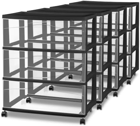 Sterilite 4 Pck Wide 3 Drawer Storage Cart Plastic Rolling Organizer, Black by Sterilite