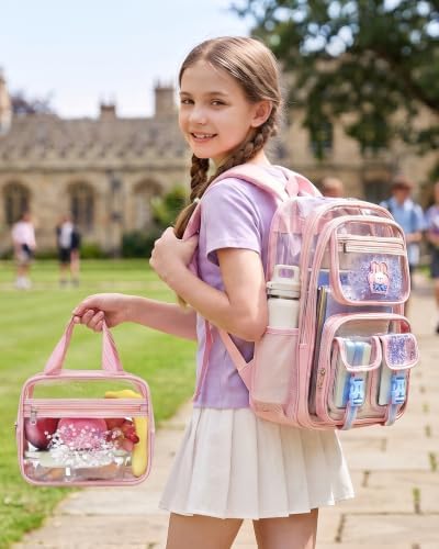 Makukke Clear Backpack for School, Heavy Duty 0.5mm Transparent Bookbag 3-in-1 Set with Lunch Bag, Fits 15.6" Laptop for Teens (Clear Pink) - Image 2