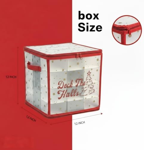 Plastic Christmas Ornament Storage Box with Zippered Closure - Store up to 64 of the 3-inch Standard Christmas Ornaments, Xmas Ornaments Storage with Dividers & Two Handles - Image 3