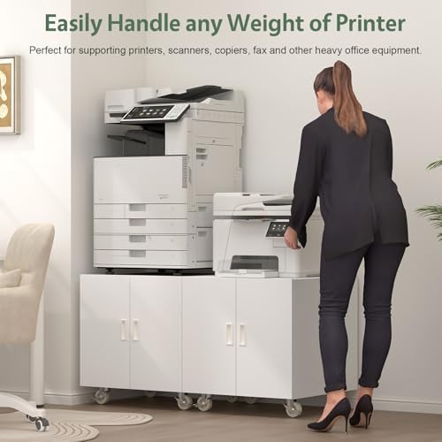 Printer Stand with Wheels, Office File Cabinet for Workplace, White Filing Cabinet for Home Office, Large Printer Table with Removable Shelf, Office Station for Workplace, School - Image 5