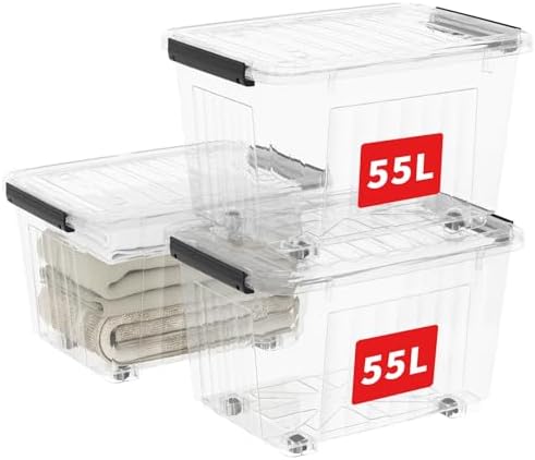Cetomo 60Qt*3 Plastic Storage Bins, Storage Box, 3 Pack, Organizing Container with Wheels, Durable Lids and Secure Latching Buckles, Stackable and Nestable, Clear with Black Buckle by Cetomo