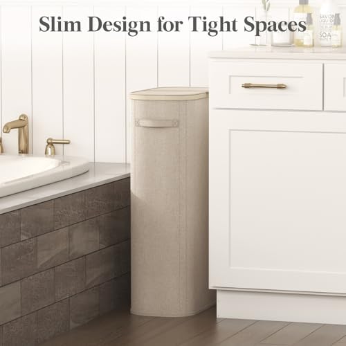 Lifewit Slim Laundry Basket with Lid and Removable Bag, 75L, Beige - Image 2