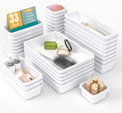 33 PCS Drawer Organizer Set, 4 Size Makeup Drawer Divider Organizer With Non-Slip Pads, Interlocking Plastic Storage Bins for Office,Jewelry Vanity,Gadgets, Bathroom,Kitchen, White by StoreHappily