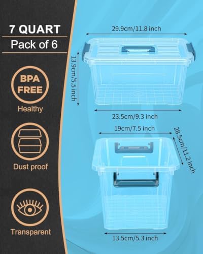 7Qt Clear Storage Bins with Lids,6-Pack Stackable Storage Containers With Buckle Latches.Perfect for LEGO, Crafts, Office Supplies, and Dorm Room Organization,Blue - Image 3