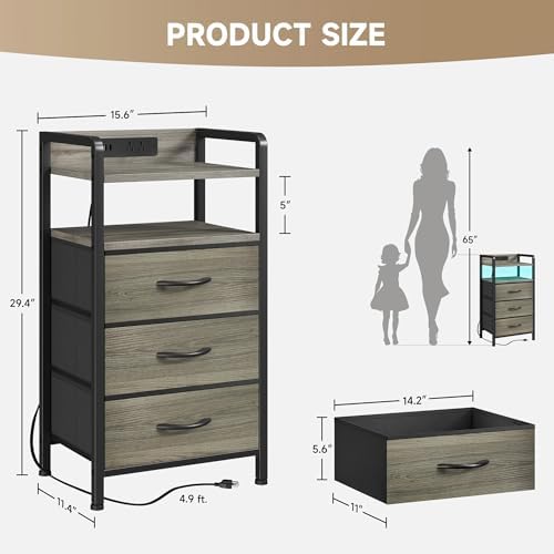 Lazzanto Nightstand with Rear Charging Station, LED Light, 3 Drawers, Grey - Image 3
