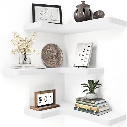 fuqing Corner Floating Shelves, Wall Shelf Set of 3, Shelves for Wall Storage, Solid Wood Shelves for Storage, Wall Mount Wooden Display Shelf for Bathroom Bedroom Kitchen Garage, White by Fuqing