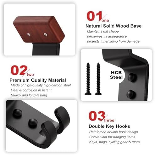 Motorcycle Helmet Holder Wall Mount - Heavy Duty Helmet Hanger Rack with 2 Key Hooks, Solid Wood & Strong Steel Design for Bike, Football, Skiing Sports Gear, Jackets & Hats (2) - Image 4