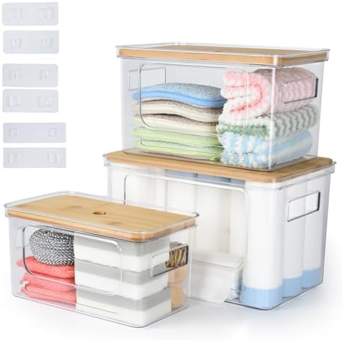 OTraki 3 Pack Trash Bag Holder Dispenser with Lid Plastic Garbage Bag Dispenser Stackable & Wall-mounted, Trash Bags Organizer Under Sink for Kitchen, Pantry Cabinet Organizer and Storage by OTraki