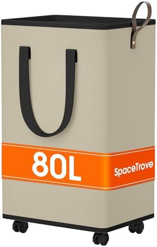 SpaceTrove Rolling Laundry Basket with Wheels, Laundry Hamper, 80L, Beige by Unknown