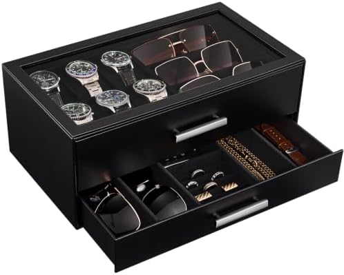 ProCase Watch Case, Mens Jewelry Box for 6 Watch & 5 Sunglasses -Black by ProCase