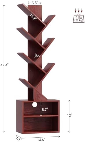 SUNMORY 6 Tier Tree Bookshelf, Tall Small Bookcase with Storage Cabinet - Image 2