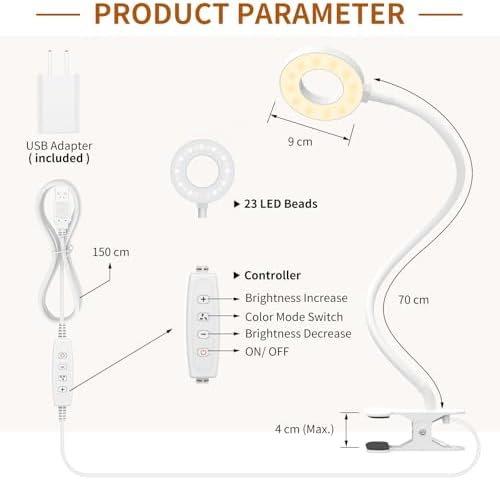 iZELL Reading Light, USB Clamp Lamp for Child Reading Book in Bed at Night, LED Small Desk Lamp with Silicone Adjustable Arm Clip on Beside Table for Studying Working Drafting Sewing - 15.8‘’ White - Image 6