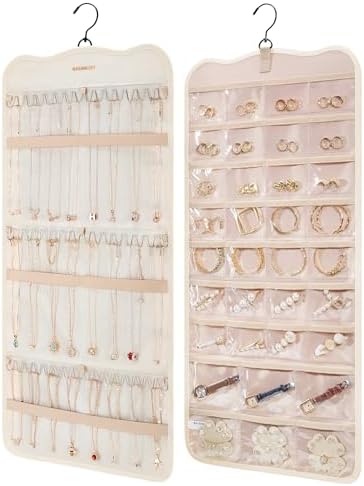 BAGSMART Hanging Jewelry Organizer Storage with Hanger Metal Hooks Double-Sided Jewelry Holder for Earrings, Necklaces, Rings on Closet, Wall, Door, 1 piece Large Beige by BAGSMART