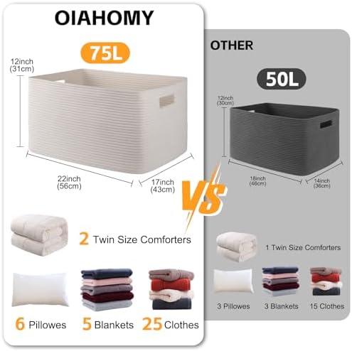 OIAHOMY 75L Large Blanket Basket Woven Storage Basket with Handle White - Image 3