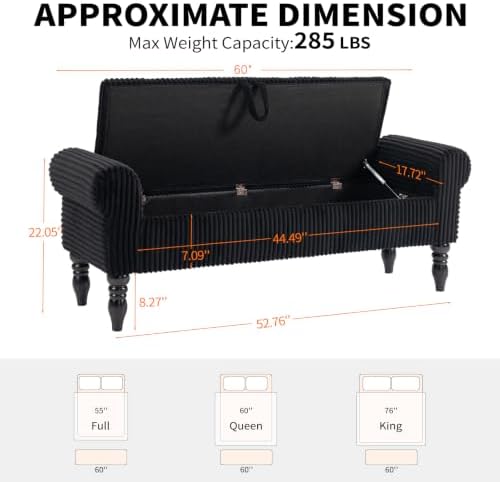 60" Corduroy Storage Bench, Queen End of Bed, Black - Image 2