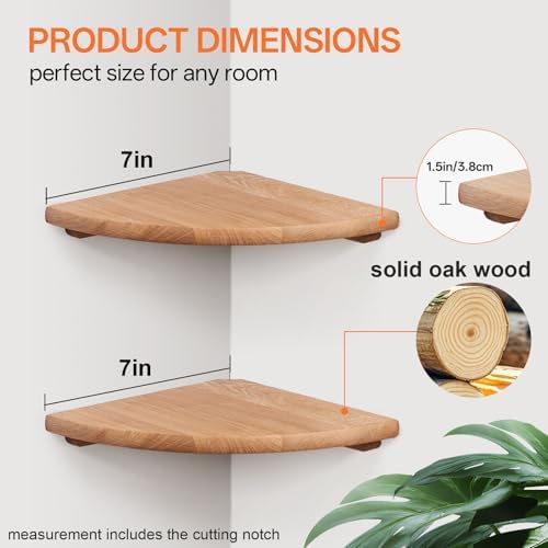 Gieanoo Floating Corner Shelves for Wall Set 2 7inch Solid Oak Rounded Corner Shelves Wall Mounted with Cable Hole Wood Corner Hanging Shelves for Living Room Bedroom Bathroom Kitchen - Image 2