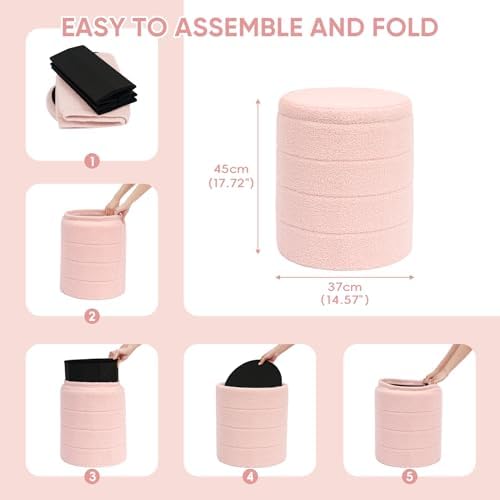 PINPLUS Compact Round Folding Storage Ottoman, Pink Boucle Footstool - Image 3
