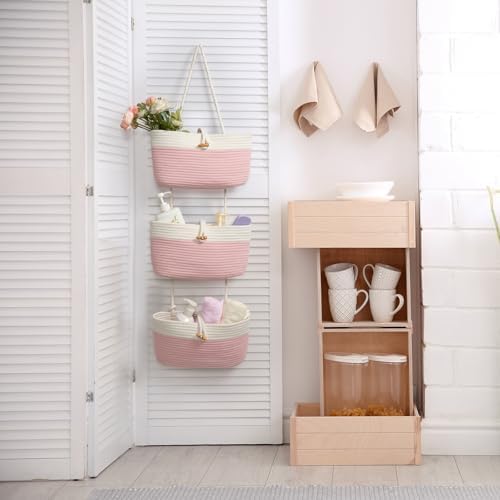 TeoKJ Over The Door Hanging Baskets with Button Strap, 3-Tier Woven Cotton Storage Organizer Bag, Wall-Mounted with Hook Decorative Hanging Nursery Baskets - Pink+White - Image 5