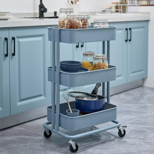 3 Tier Rolling Cart Metal Heavy Duty Utility Cart with Silent Caster Lockable Wheels Multi-Functional Organization Carts Storage Trolley with Mesh Shelves for Office Kitchen Living Room Blue - Image 5