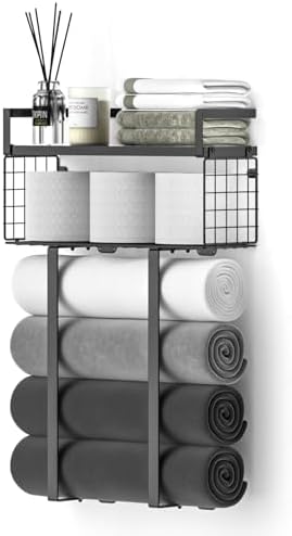 Xstydes Towel Racks for Bathroom, Metal Towel Holder with Storage Basket,Wall Towel Rack for Rolled Towels, Towel Storage for Small Bathroom,Black by XstydesDreamworks