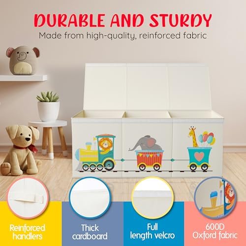 Extra Large Collapsible Sturdy Toy Storage Organizer with Lids, Animal Train Toy Box for Boys Girls, 40"x16"x16", Modern, Beige - Image 4