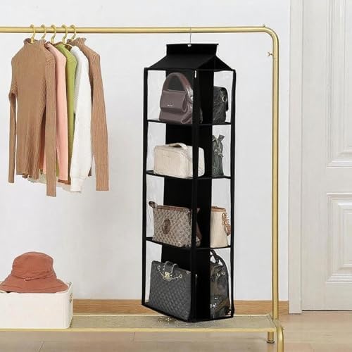 8 Grids in 1 Rotatable Hanging Purse Handbag Organizer with Double Zippers, Visible Purse Organizer for Closet, Fully Enclosed Handbag Storage Holder-Black - Image 2