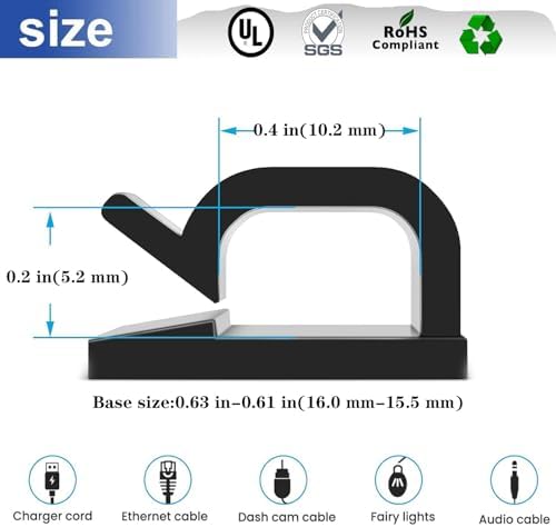Adhesive Cable Management Wire Clips(Black 50 Pcs),Wires Clips Holders for Cords on wall,Outdoor Cable Clips,Suitable for Under Tables, Cars, Walls, televisions, Christmas Lights - Image 2