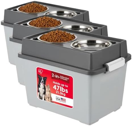 IRIS USA Elevated Dog Bowls 15" H, up to 47 lb Storage, Gray/Dark Gray, Large - 15" H w/ 2 Bowls (Pack of 3) by Unknown