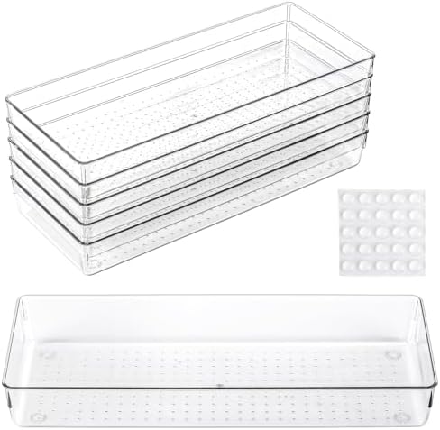 6 Pcs Large Clear Plastic Drawer Organizers Tray 15" x 6.3" Storage Bins with 25 Pcs Non-Slip Pads for Makeup, Jewelries, Kitchen Utensils, Bathroom and Office by Ohlove