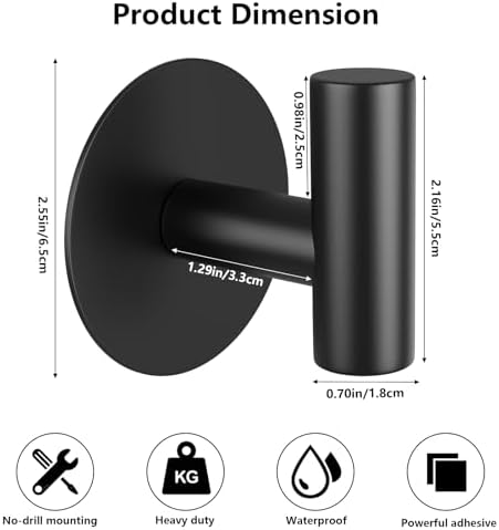 Self-Adhesive Coat Hooks, Stainless Steel Heavy Duty Wall Hooks, Towel Hooks for Hanging Robes, Aprons, Coats and Hats in Bathrooms,Kitchens and Hotels(2 Pack, Black) - Image 2