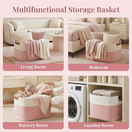 danpinera Large Woven Basket 25’’*16’’*16’’ Rectangle Woven Baskets for Storage, Storage for Living Room, Soft Cotton Rope Basket With Handle, Large Basket for Kids Dog Toys, 108L Pink+White - Image 6