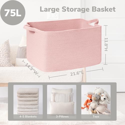 Goodpick Large Woven Rope Blanket Basket, Rectangle, Pink, 75L - Image 3