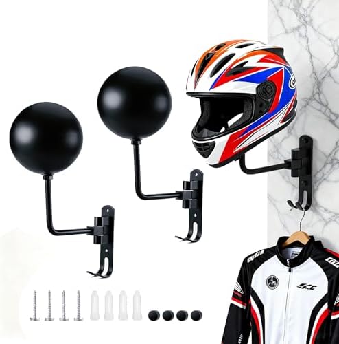 Motorcycle Helmet Holder Wall Mount, 180° Rotating Helmet Rack with Sphere Helmet Rest & Double Hooks, Metal Helmet Hanger for Motorcycle Helmets, Coats, Hats, Keys & Gear, 2 Pack - Image 2