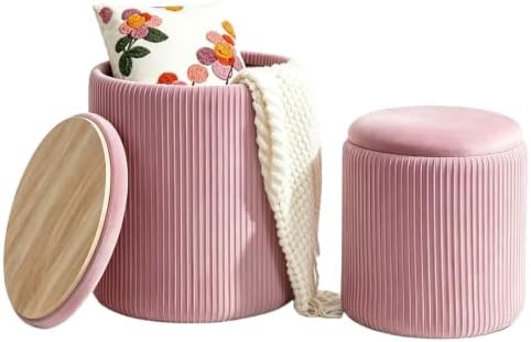 YYW HOME Pink Velvet Round Ottoman with Storage Set of 2 by YYWHOME