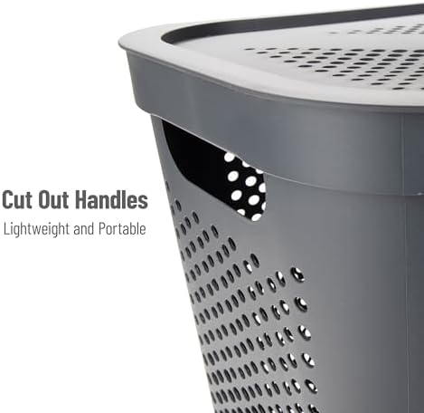 Mind Reader Slim Laundry Hamper with Lid, 60L Clothes Basket, Ventilated Plastic, Gray - Image 4