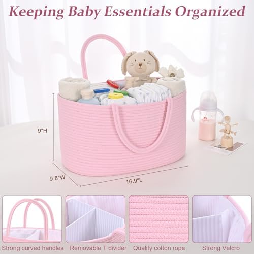 19L Baby Diaper Caddy Organizer, 16.8"x9.8"x9" Cotton Rope Diaper Basket, Changing Table Storage Caddy With Removable Divider, Baby Basket for Nursery, Car, Diapers, Baby Shower Gifts for Newborn - Image 5