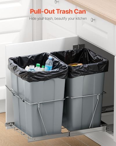 VEVOR Pullout Trash Can for Kitchen Cabinets, 35 QT x2 Double Under Sink Garbage Waste Recycling Bin, Under Mount Waste Container, with Heavy Duty Metal Full Extension Sliding System and Handle Grey - Image 2