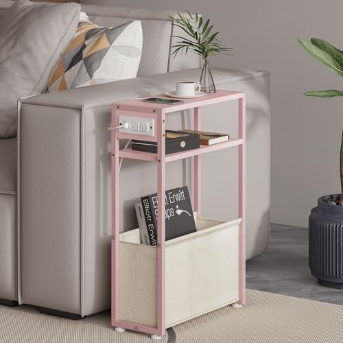 Leomonio Pink Side Table with Charging Station, Slim End Tables with Linen Basket, Skinny Table for Small Spaces, Thin Bedside Table for Living Room, Bedroom by Leomonio