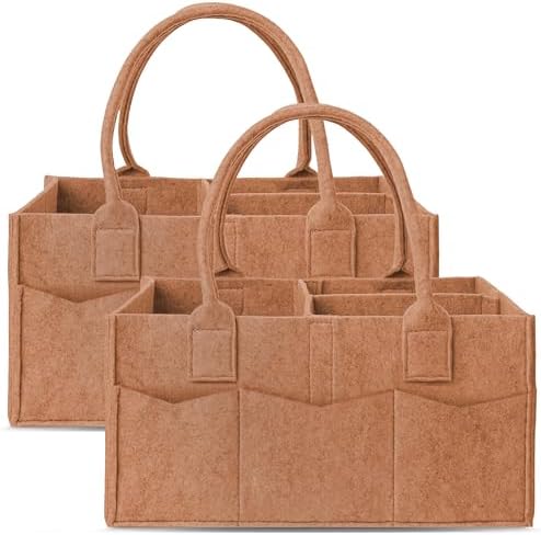 Cute Castle 2 Pack Diaper Caddy Organizer - Portable Baby Caddy Organizer with Handle, Nursery Storage Bin and Car Organizer for Girls, Boys - Baby Gift Basket - Caramel by Cute+Castle