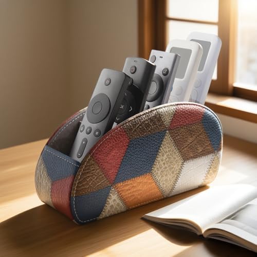 Remote Control Holder with 5 Compartments, PU Leather Remote Holder Compatible with Fire TV Remotes, Media Player Remotes, Heater Controllers, and Air Conditioner Remote Controls(Lattice Pattern) - Image 3