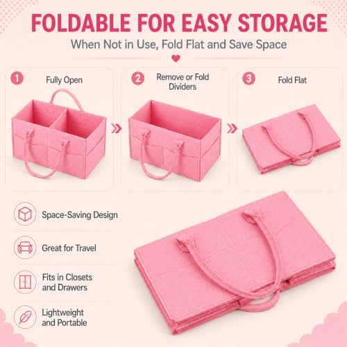 PandaEar Baby Diaper Caddy Organizer, Portable Diaper Holder Organizer Nursery Storage Basket for Wipes & baby stuff, Collapsible Baby Organizer with Divided Design (Light Pink) - Image 4