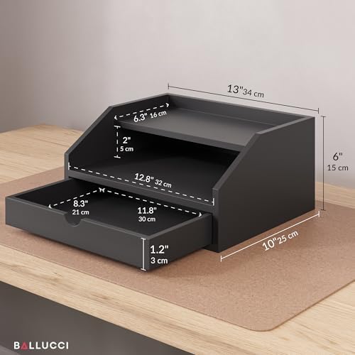 Ballucci Desk Organizer with Drawer, 2 Tier Paper Office Supplies Desk Organizer, 13 2/5" x 9 3/5" x 6", Black - Image 3