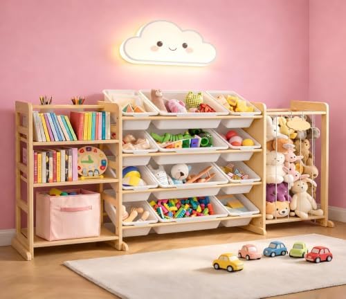 65" Large Toy Storage Organizer with Bins Shelves & Stuffed Animal Storage for Kids Wood Toddler Playroom Organization with Bookshelf Toys Box Wooden Organizers for Kids Room Nursery Bedroom by Unknown