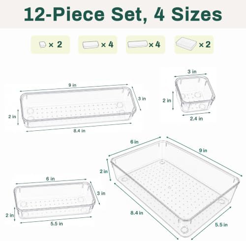 12 PCS Clear Plastic Drawer Organizers Set Storage Trays - Image 2
