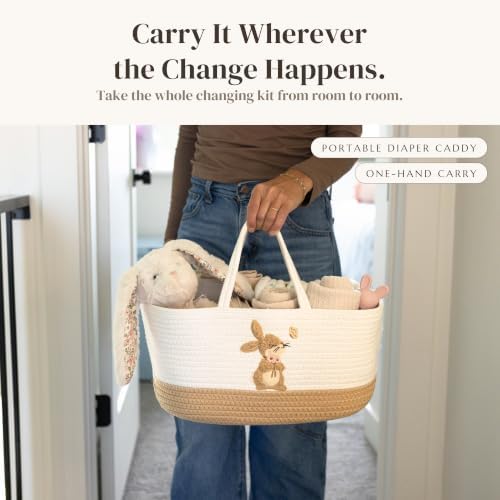 Baby Diaper Caddy Organizer, Bunny Cotton Rope Nursery Basket - Image 5