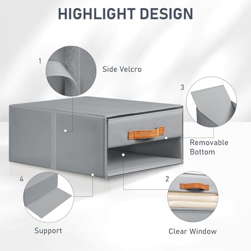 DIMJ Closet Organizers and Storage - Fabric Bins with Drawers for Closet Clothes Organizers with Clear Window, Stackable Storage Drawers Units for Bedroom, Living Room, 4 Pack, Grey - Image 6